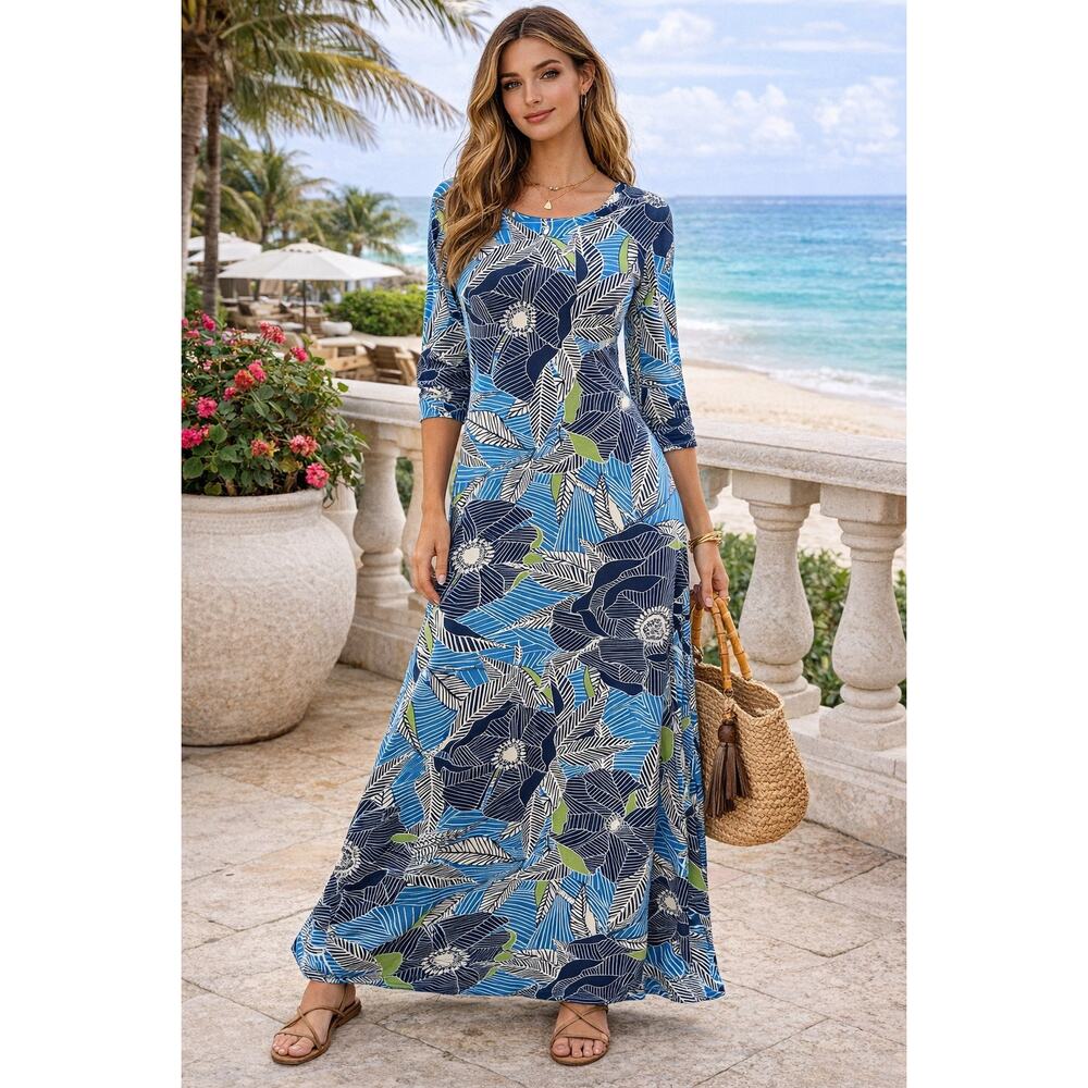 The Look Blue Floral Maxi Dress Large 3/4 Sleeve Stretch A-Line Geometric USA